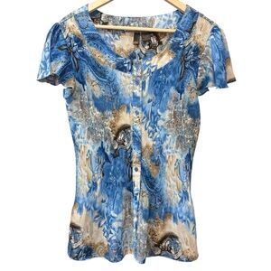 y2k boho fairycore button down crinkle pleated top with flutter sleeves, size 1X